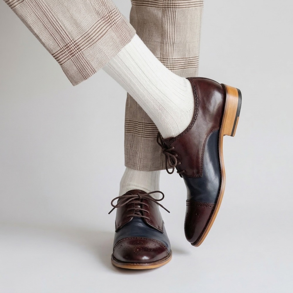 Stacy Adams Mens Two Tone Burgundy Navy Leather Cap Toe Oxford Dress Shoes 10M